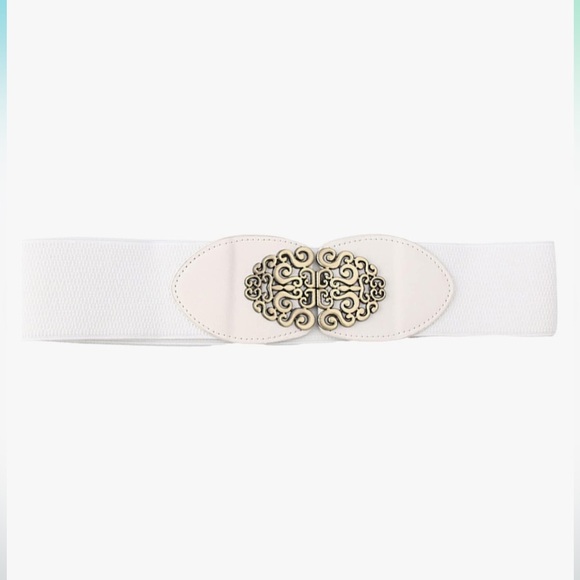 White Elastic Leather Gold Swirl Detail Buckle Wide Belt - Picture 2 of 5